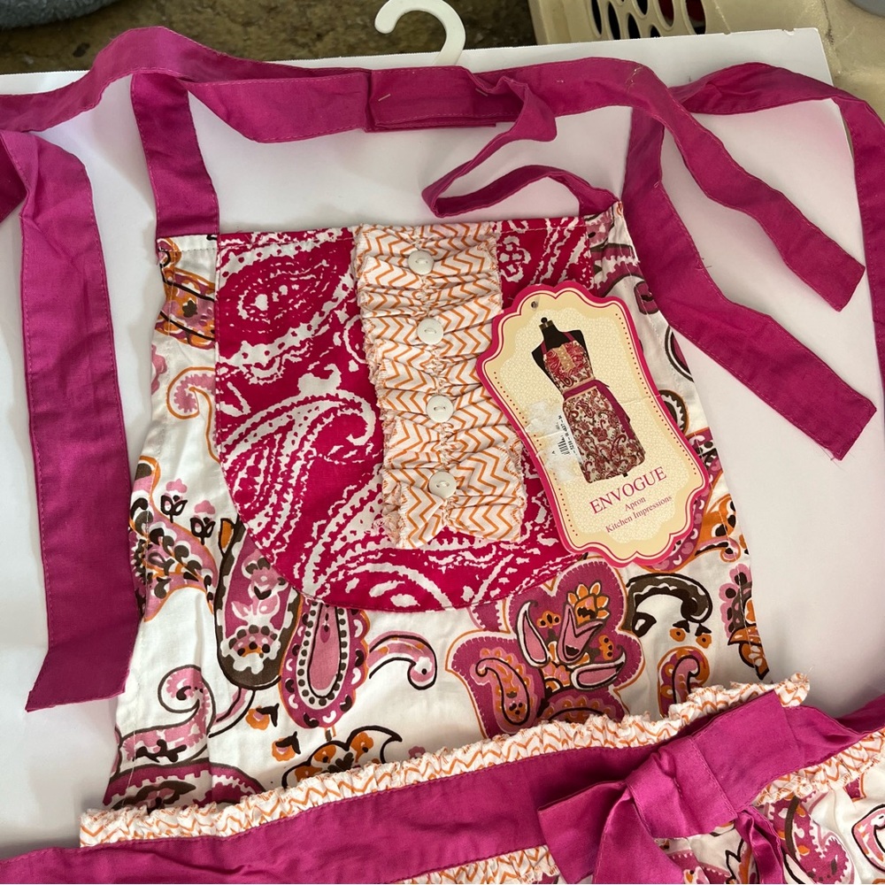 Simply ENVOGUE Full Apron Bib Cotton Paisley Pink Orange Kitchen Impressions NWT - Picture 7 of 11